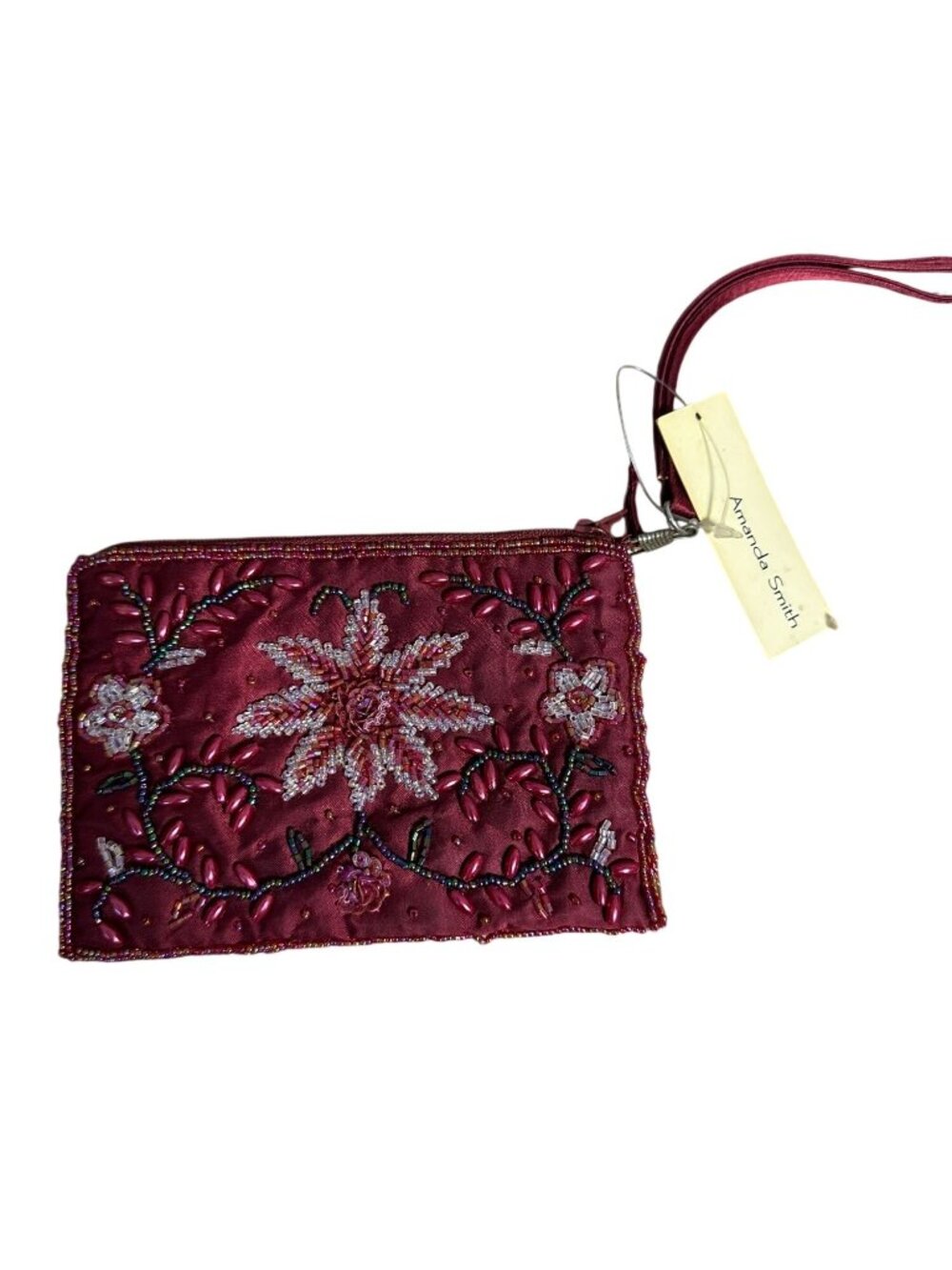 Amanda Smith Burgundy Beaded Floral Wristlet Clutch Purse Evening Bag NWT